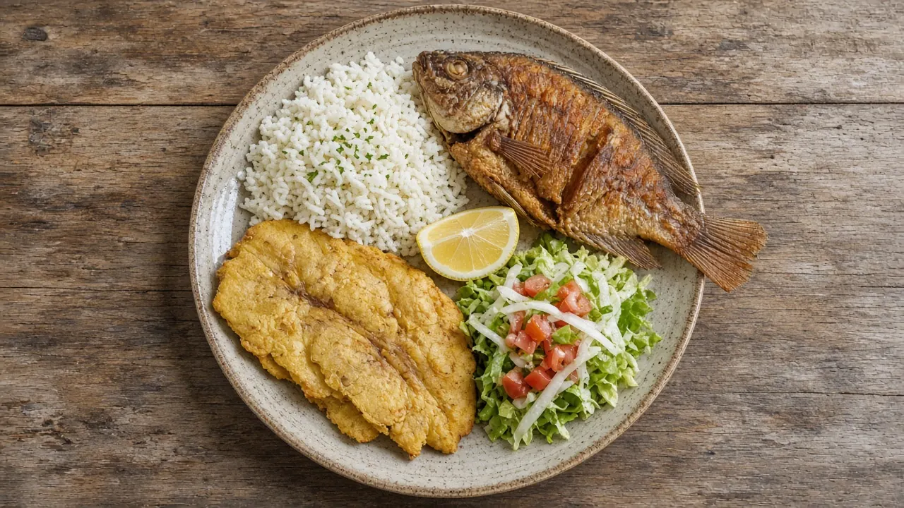 Plato de pescado frito con arroz, patacones, ensalada y limón (imagen ilustrativa)