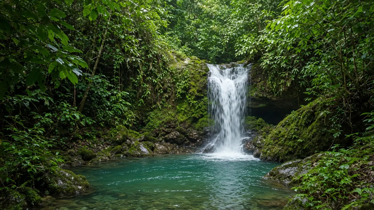 Cascada que cae a un pozo de agua verde en medio del bosque tropical (imagen ilustrativa)