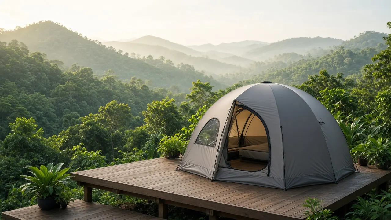 Carpa de glamping sobre una plataforma de madera rodeada de montañas verdes (imagen ilustrativa)