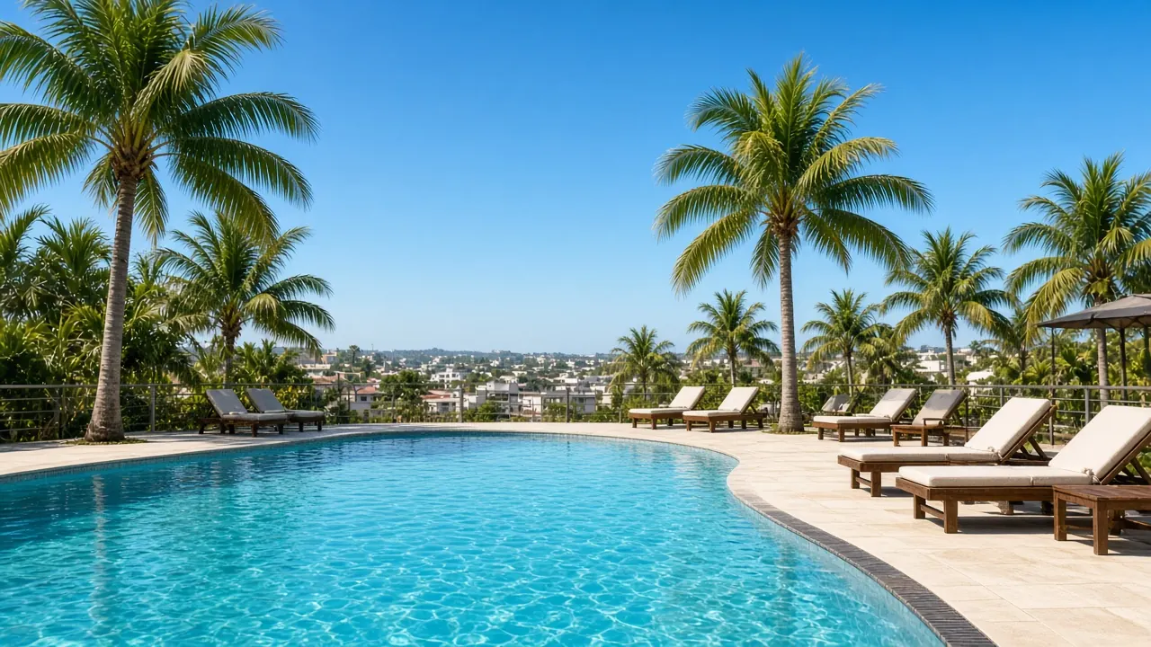 Piscina al aire libre con palmeras y asoleadoras en clima cálido (imagen ilustrativa)