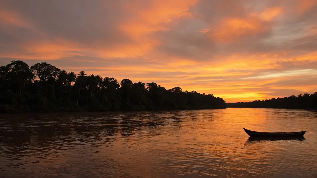 Atardecer naranja sobre un río ancho con una canoa (imagen ilustrativa)